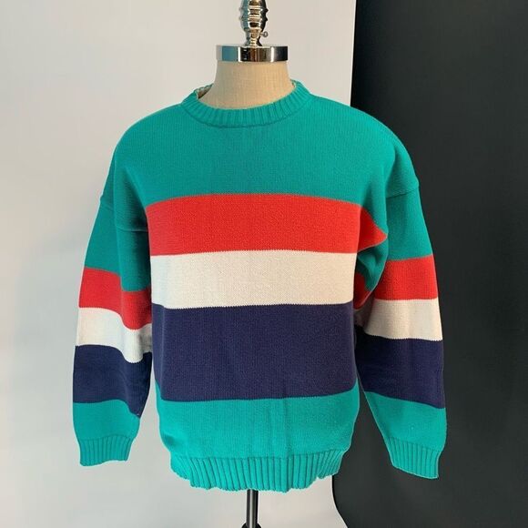 EDDIE BAUER 100% cotton sweater green red striped mens sz L - Picture 1 of 7
